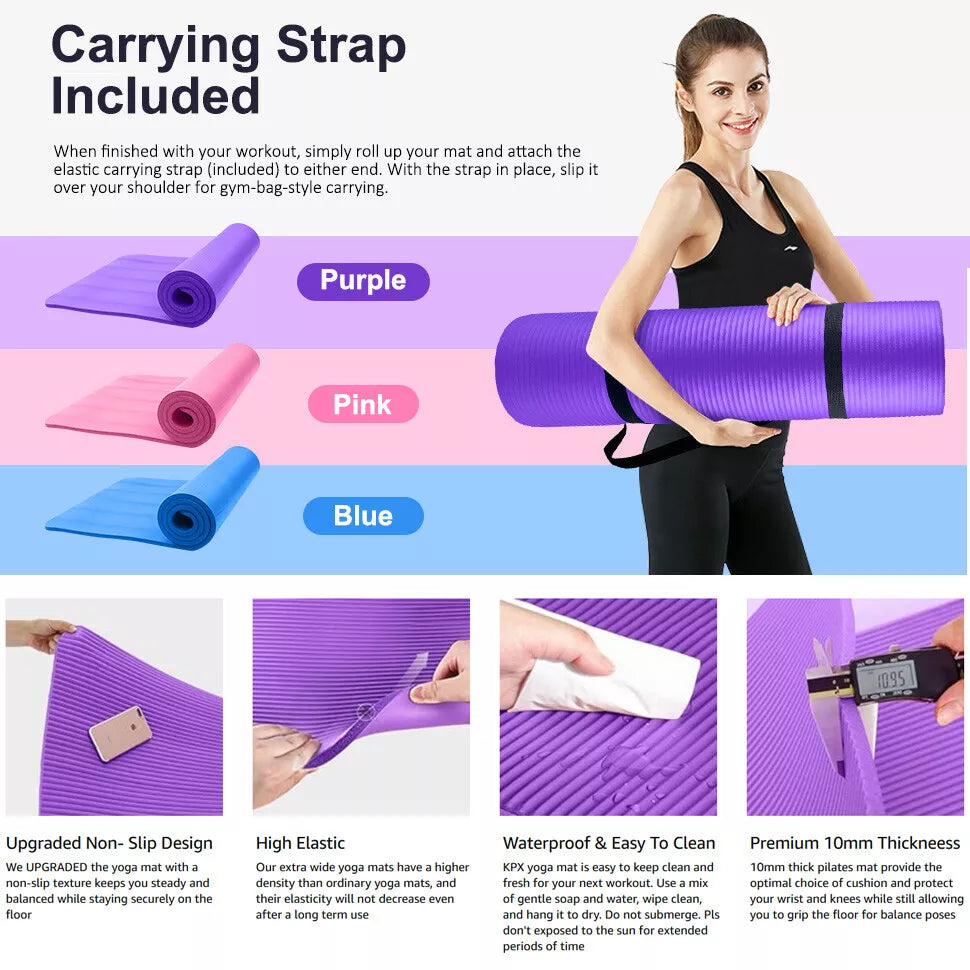 Exercise Yoga Mat 1/2-Inch Thick w/Carry Strap Gym Pilates Meditation Fitness