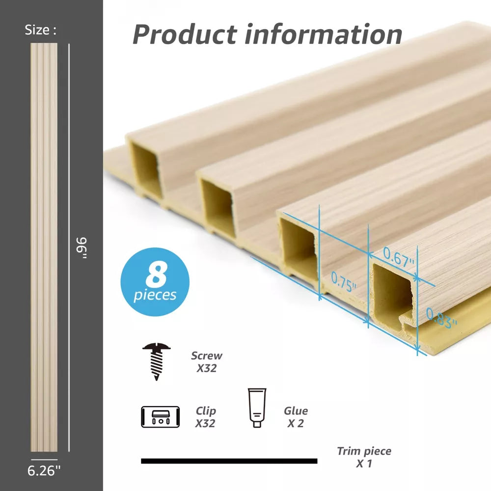 Art3d Slat Wall Panel，8-Pack 96x6in Covering 32sq.ft，WPC Acoustic Diffuser Panel