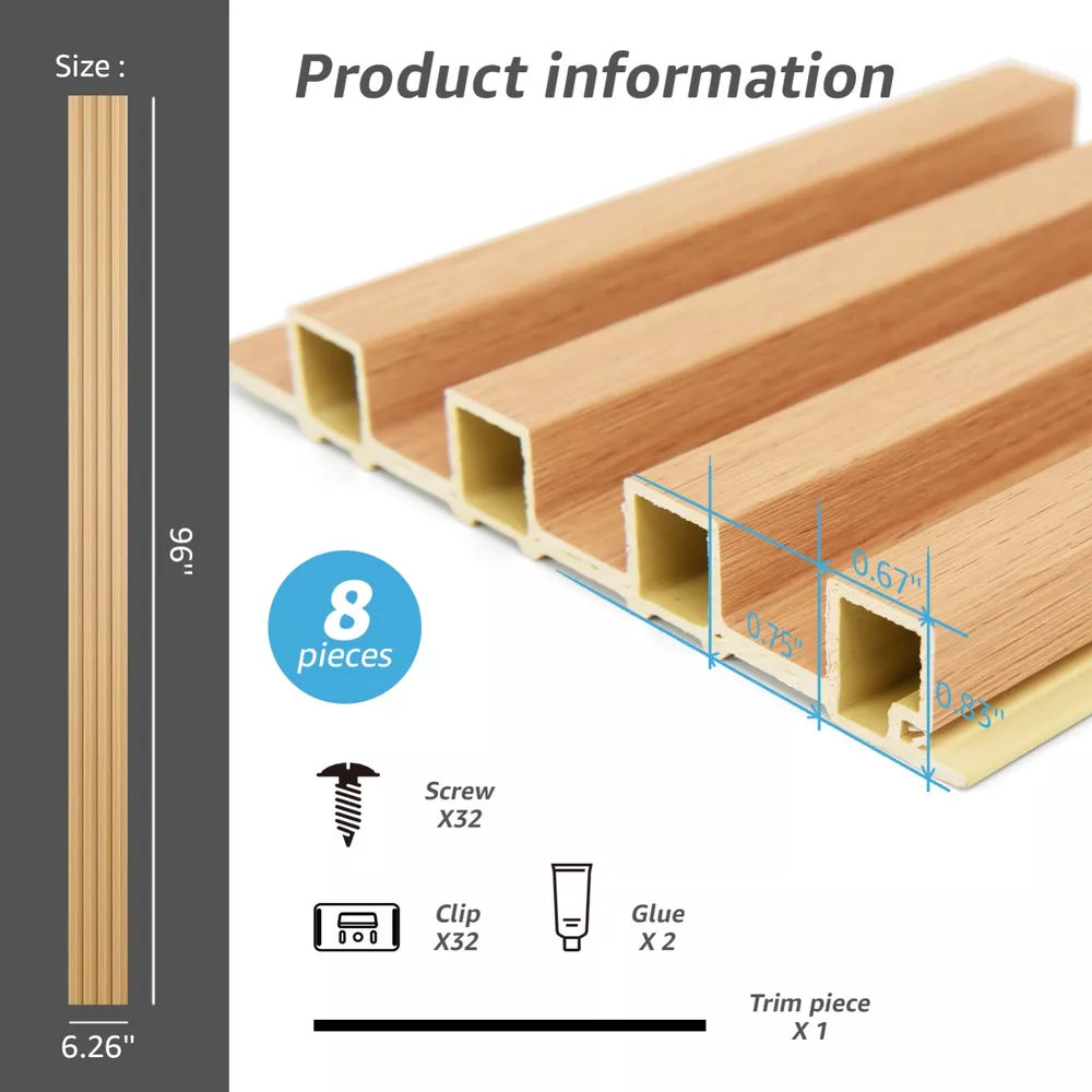 Art3d Slat Wall Panel，8-Pack 96x6in Covering 32sq.ft，WPC Acoustic Diffuser Panel