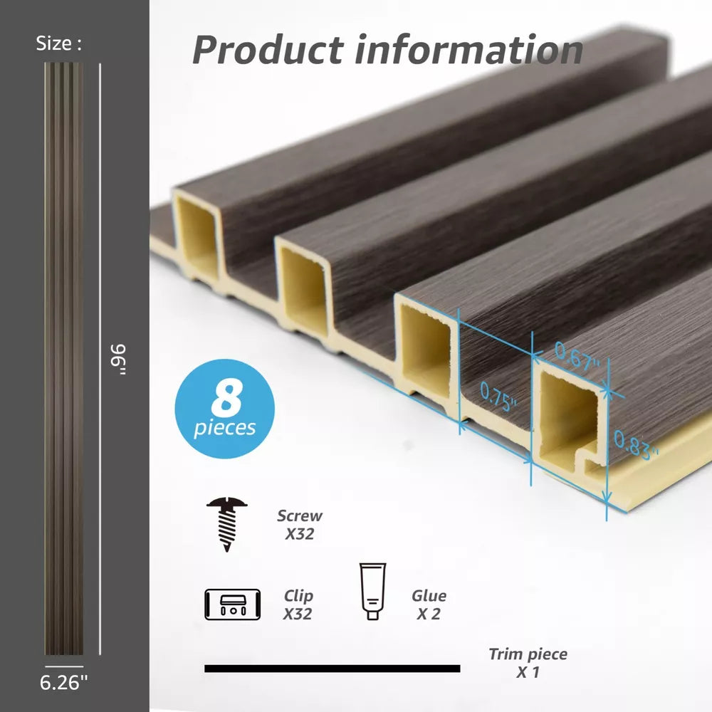 Art3d Slat Wall Panel，8-Pack 96x6in Covering 32sq.ft，WPC Acoustic Diffuser Panel