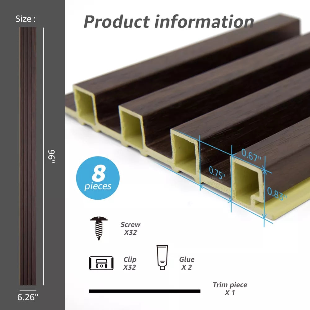 Art3d Slat Wall Panel，8-Pack 96x6in Covering 32sq.ft，WPC Acoustic Diffuser Panel