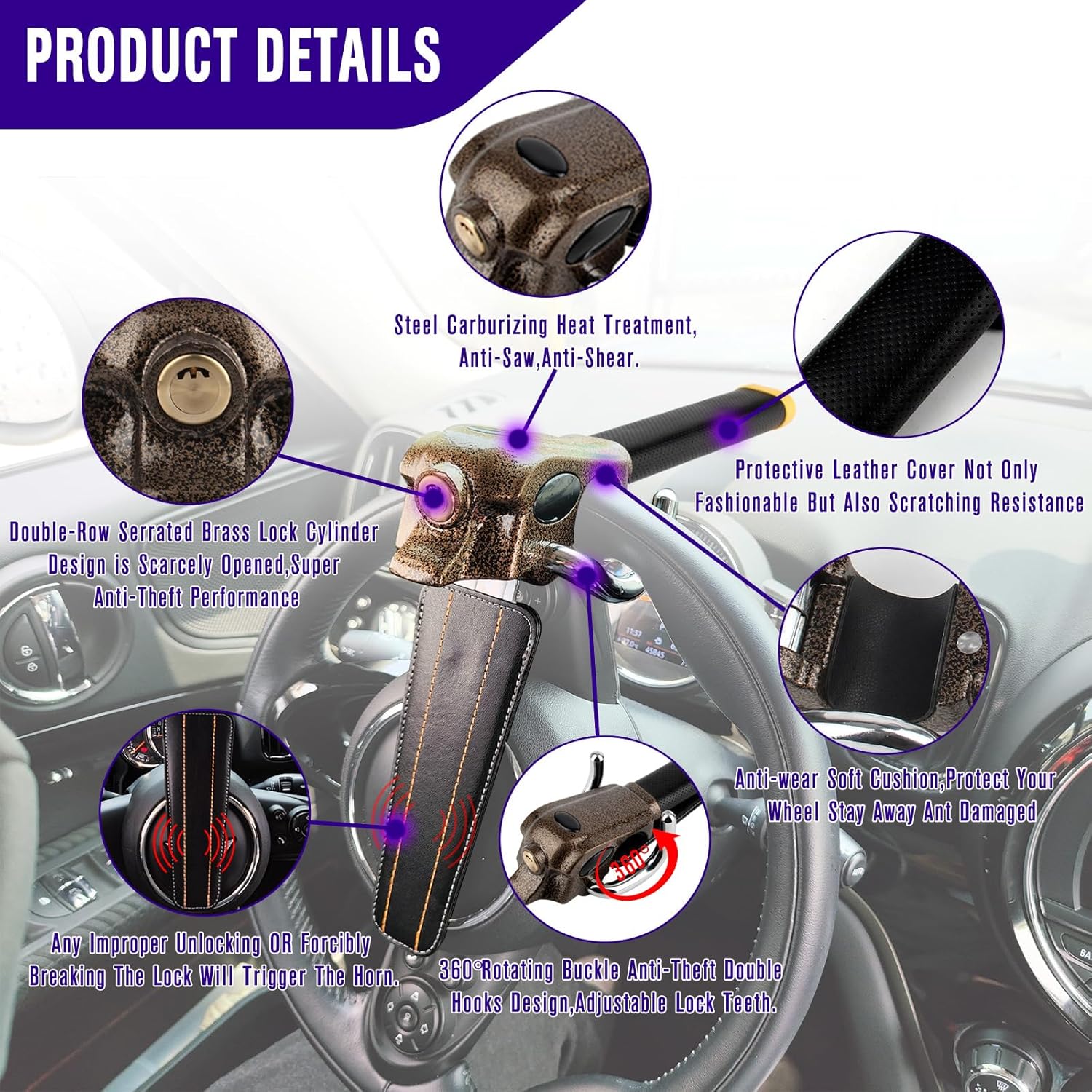 Steering Wheel Lock Universal Anti-Theft Device Heavy Duty Security Car Lock
