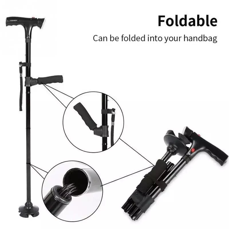 Collapsible Telescopic Folding Elder Cane LED Alarm Walking Crutches Sticks