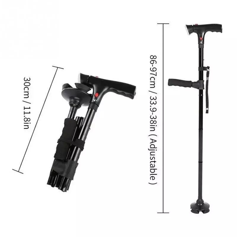 Collapsible Telescopic Folding Elder Cane LED Alarm Walking Crutches Sticks