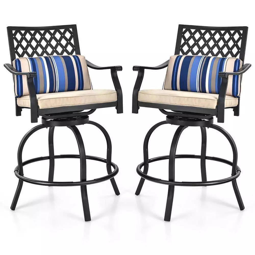 Costway Patio Bar Stool Chairs W/ Beige Cushion Metal Swivel Outdoor (2-Set)