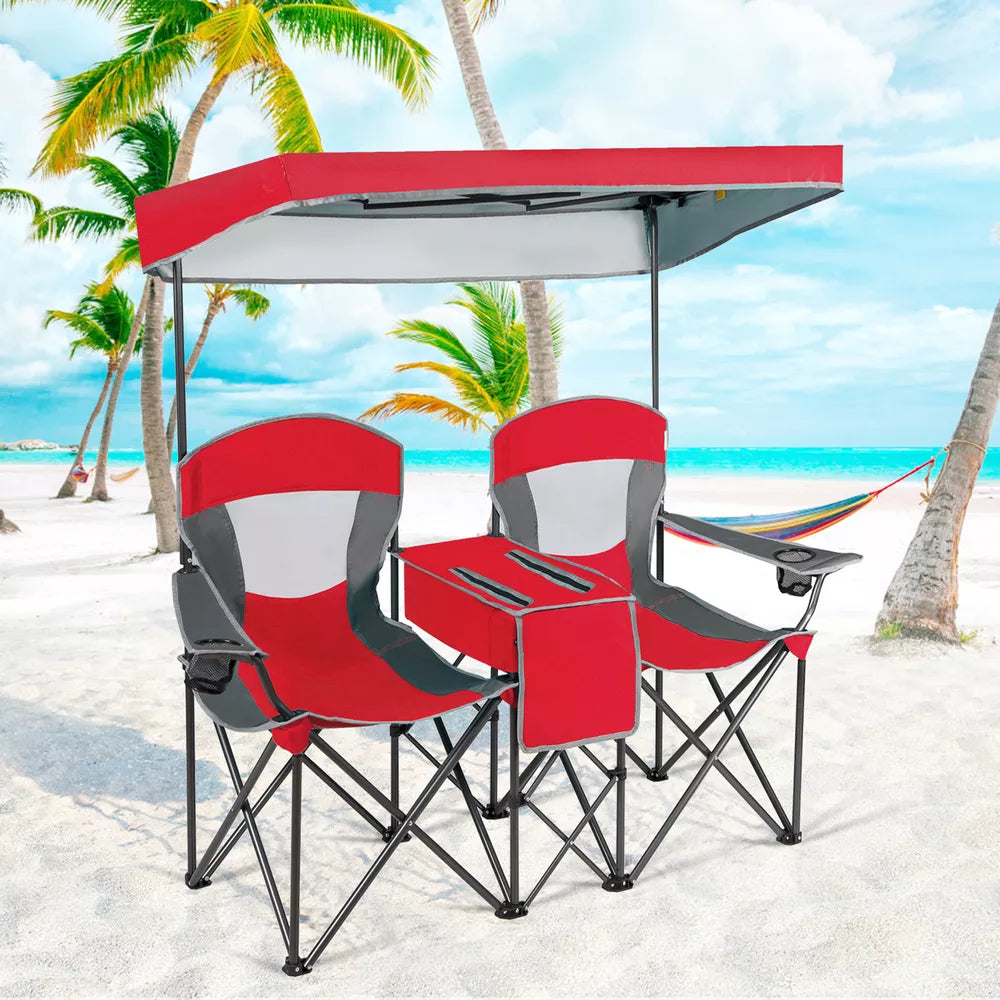 Folding 2-person Camping Chairs Double Sunshade Chairs w/ Canopy Red