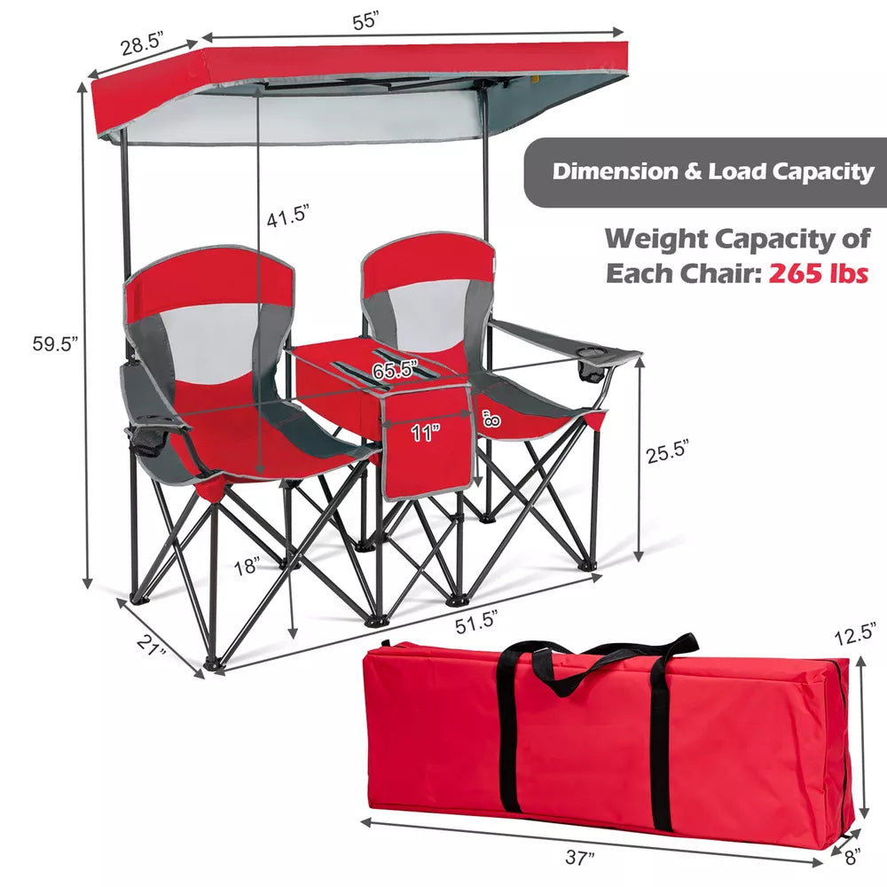 Folding 2-person Camping Chairs Double Sunshade Chairs w/ Canopy Red