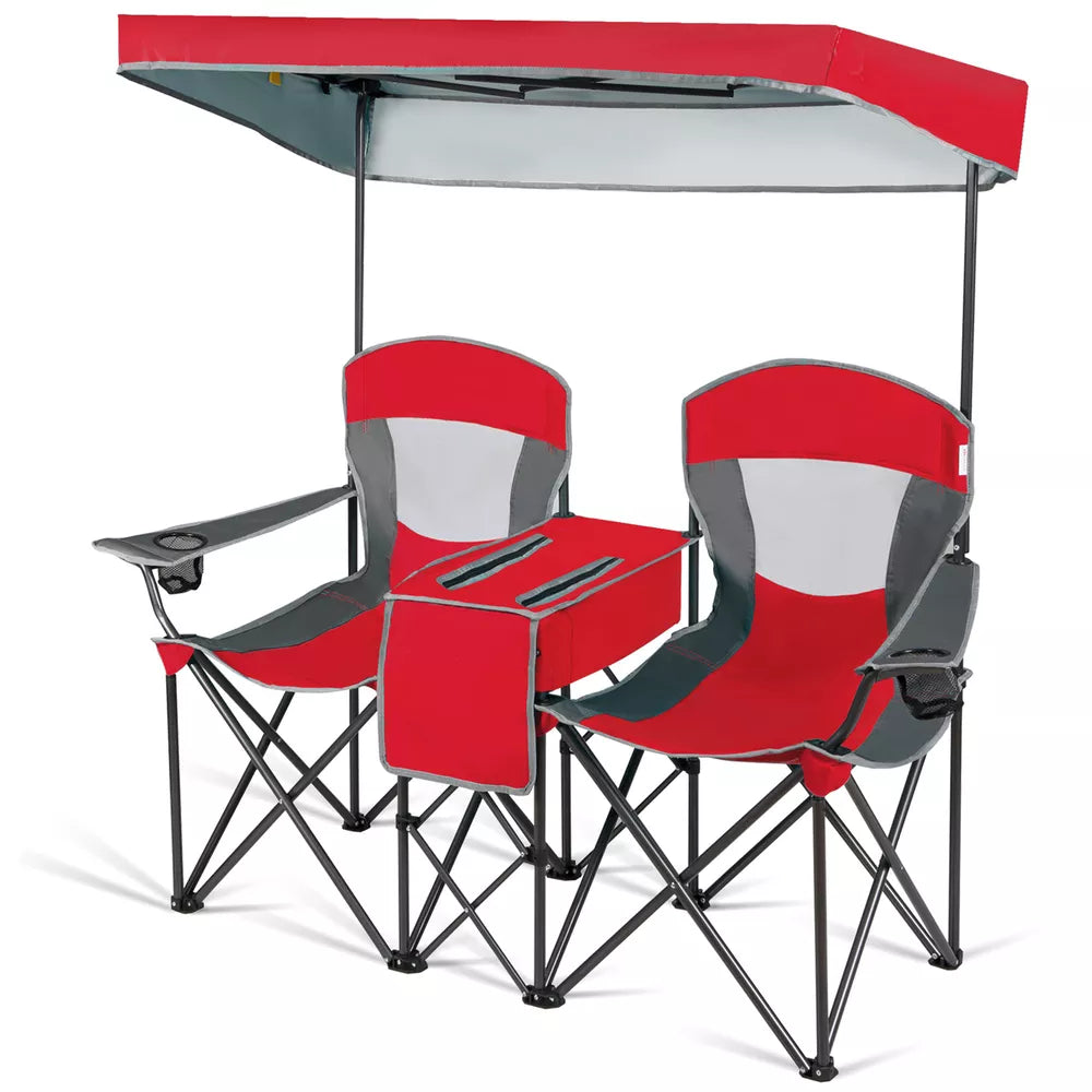 Folding 2-person Camping Chairs Double Sunshade Chairs w/ Canopy Red