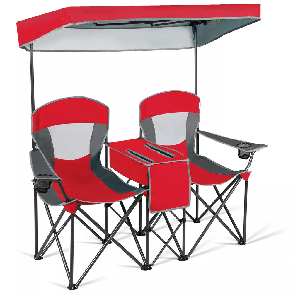 Folding 2-person Camping Chairs Double Sunshade Chairs w/ Canopy Red