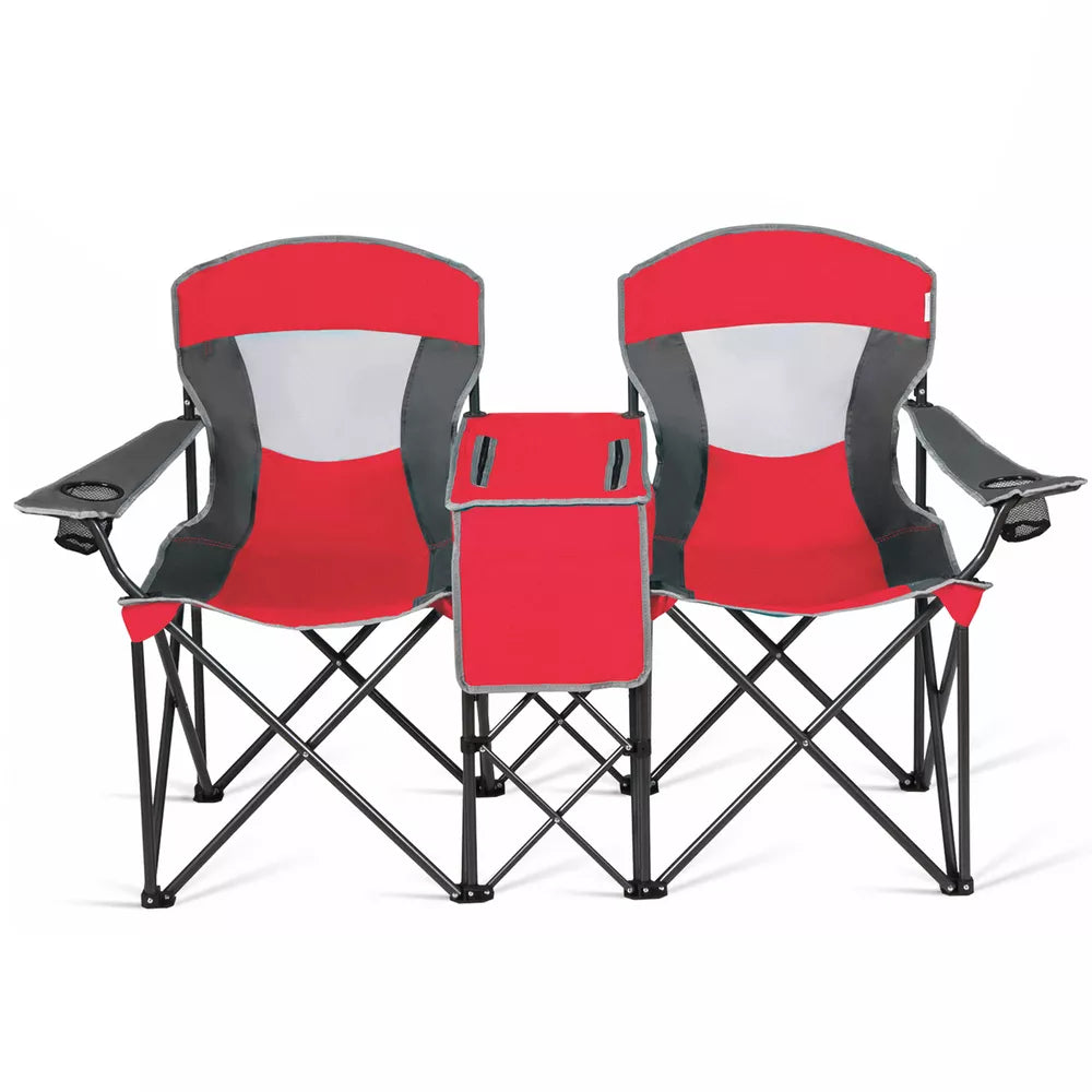 Folding 2-person Camping Chairs Double Sunshade Chairs w/ Canopy Red