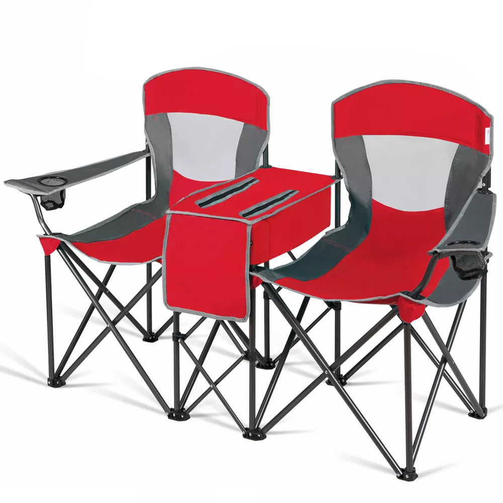 Folding 2-person Camping Chairs Double Sunshade Chairs w/ Canopy Red