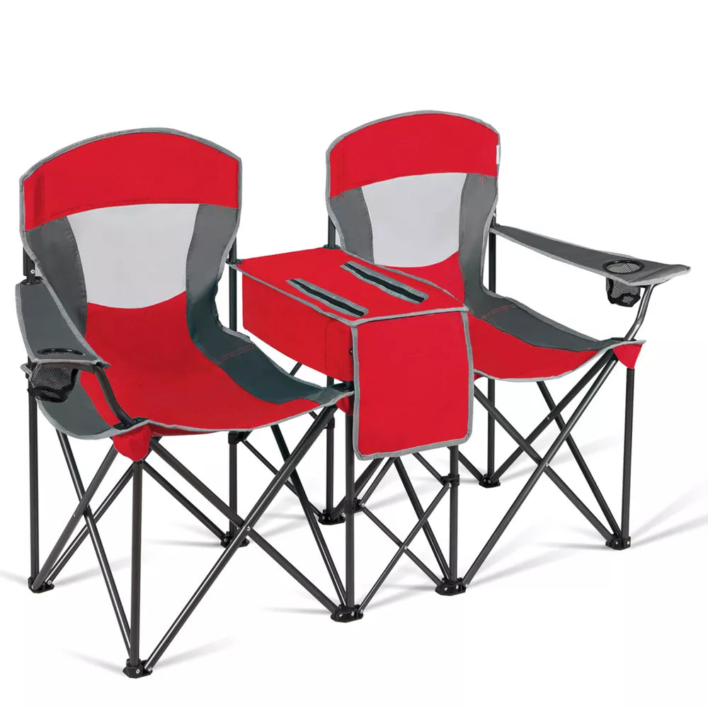 Folding 2-person Camping Chairs Double Sunshade Chairs w/ Canopy Red