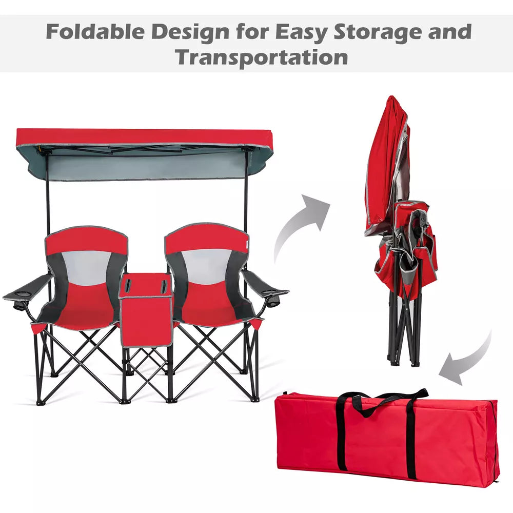 Folding 2-person Camping Chairs Double Sunshade Chairs w/ Canopy Red