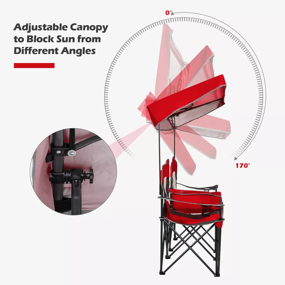 Folding 2-person Camping Chairs Double Sunshade Chairs w/ Canopy Red