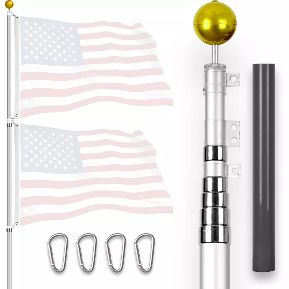 G128 20Ft Telescoping Aluminum Silver Flagpole | Flag NOT Included