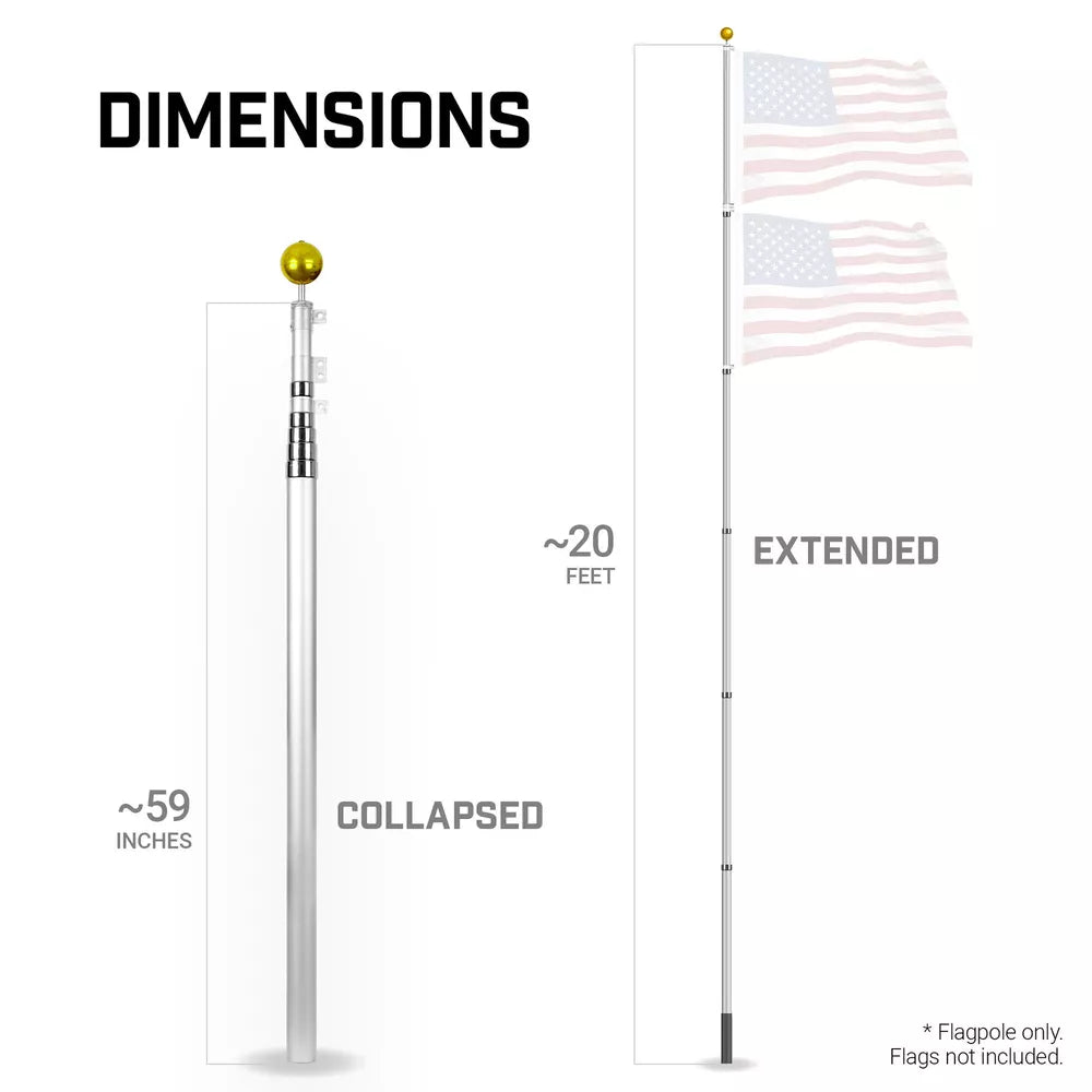 G128 20Ft Telescoping Aluminum Silver Flagpole | Flag NOT Included