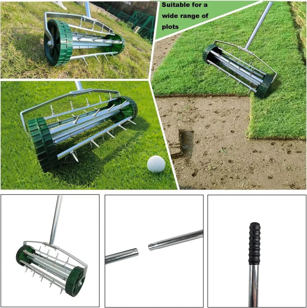 Heavy Duty Rolling Lawn Garden Spike Lawn Aerator with 3-Piece Long Steel Handle