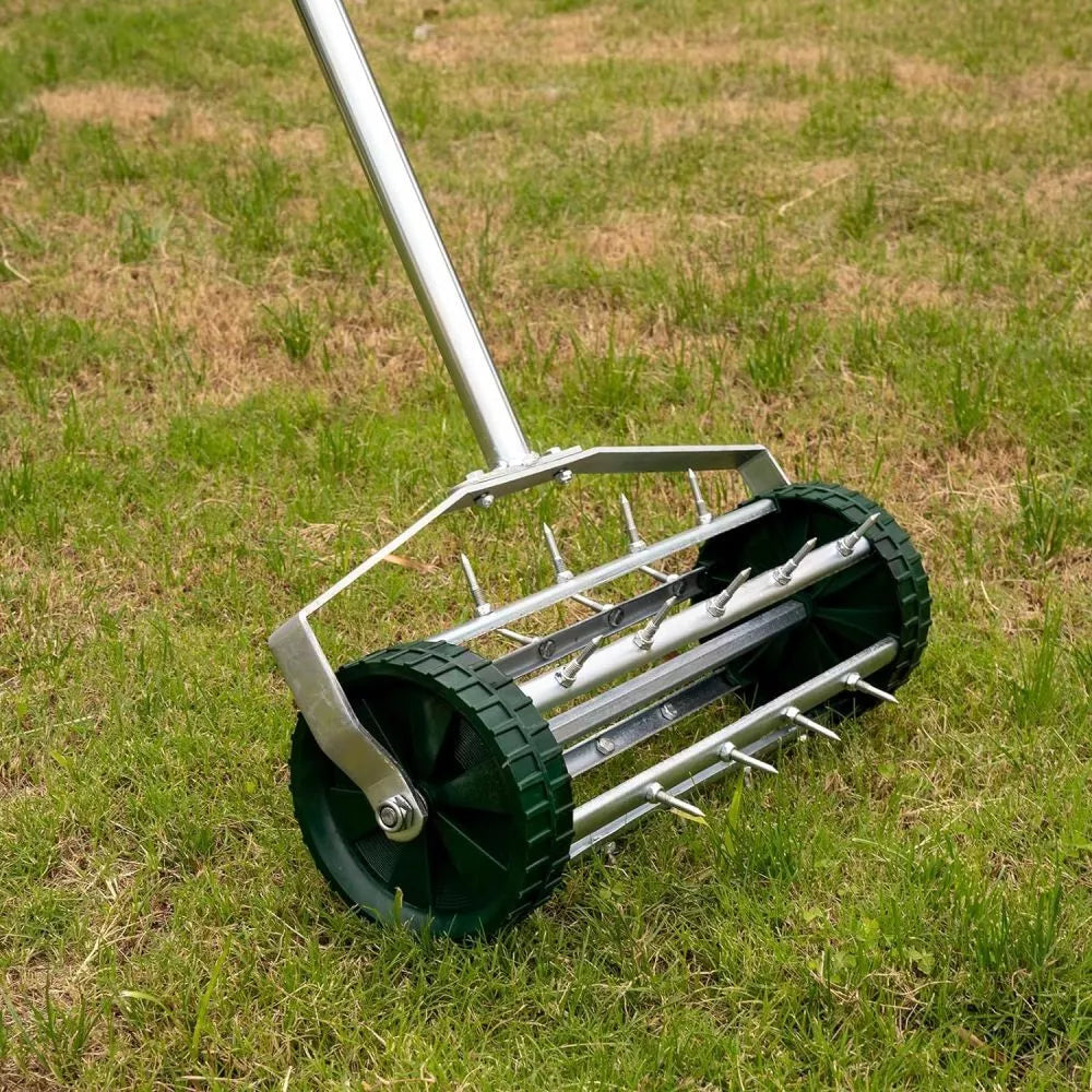 Heavy Duty Rolling Lawn Garden Spike Lawn Aerator with 3-Piece Long Steel Handle