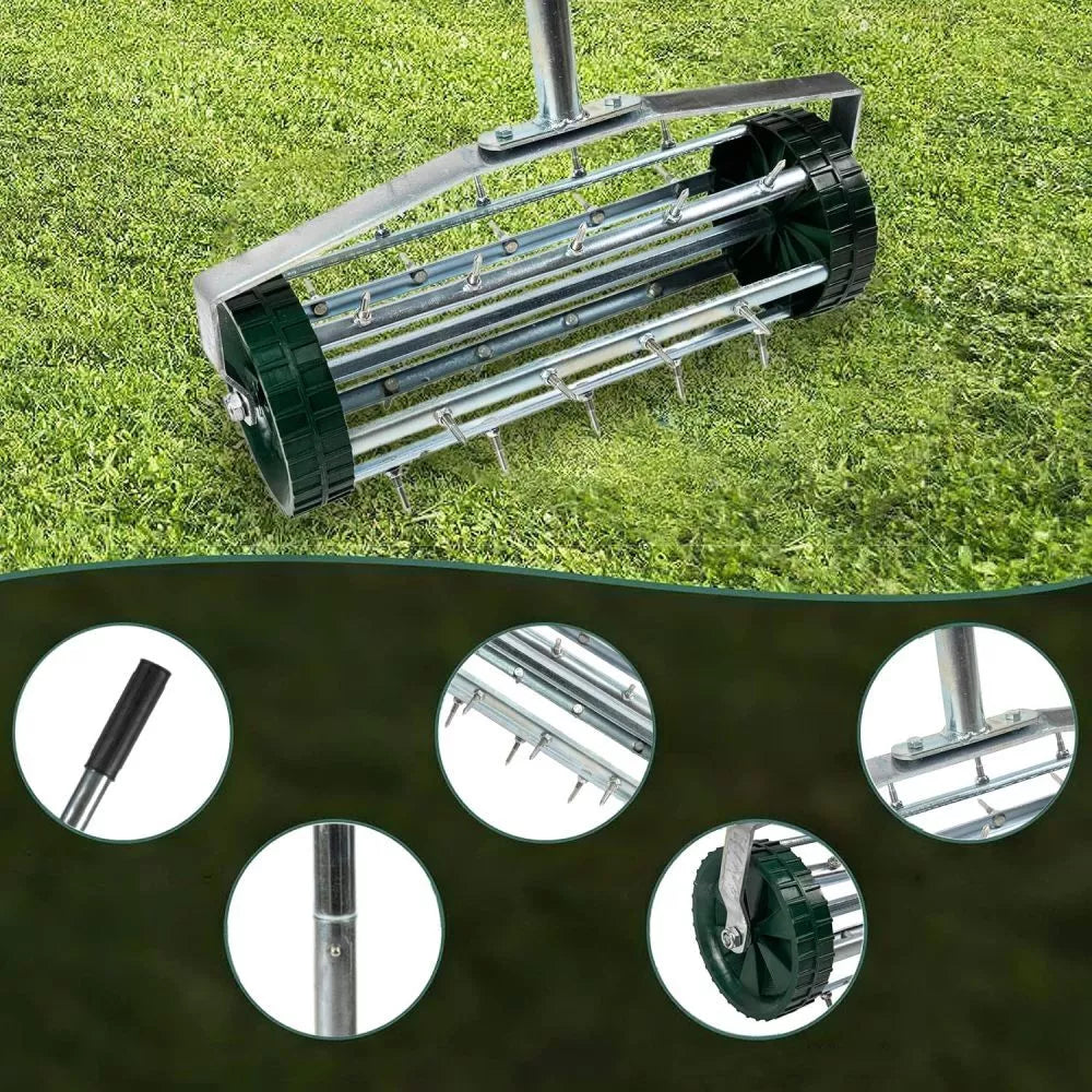 Heavy Duty Rolling Lawn Garden Spike Lawn Aerator with 3-Piece Long Steel Handle