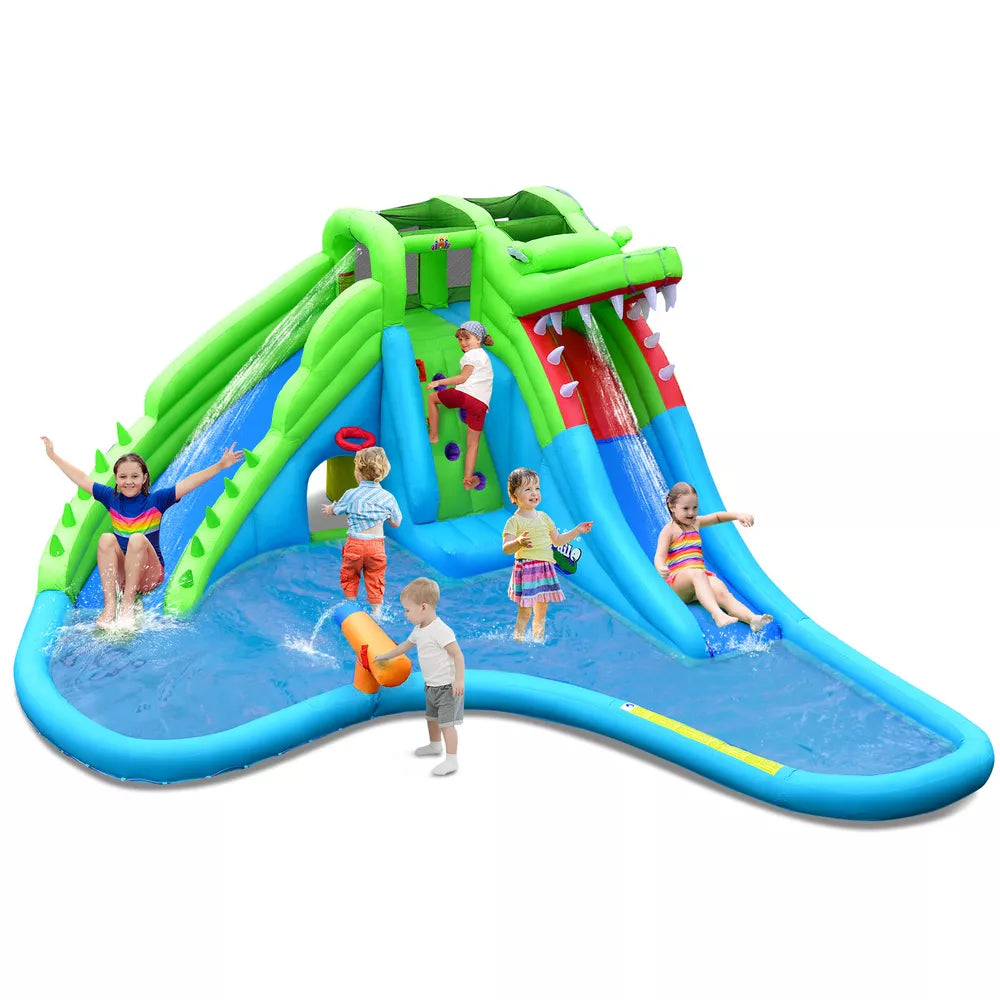 Crocodile Inflatable Water Park Dual Slides Climbing Wall with 780W Blower