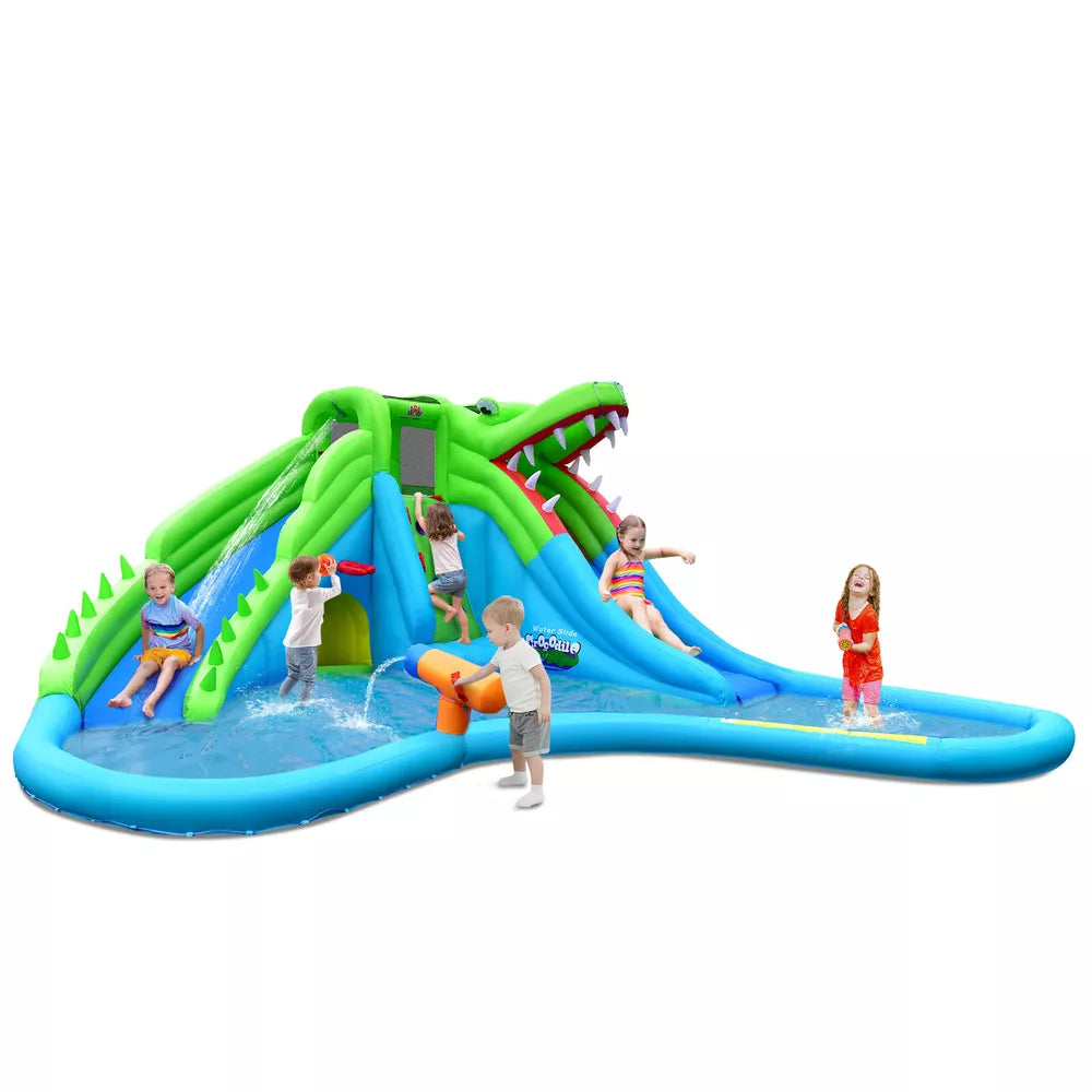 Crocodile Inflatable Water Park Dual Slides Climbing Wall with 780W Blower