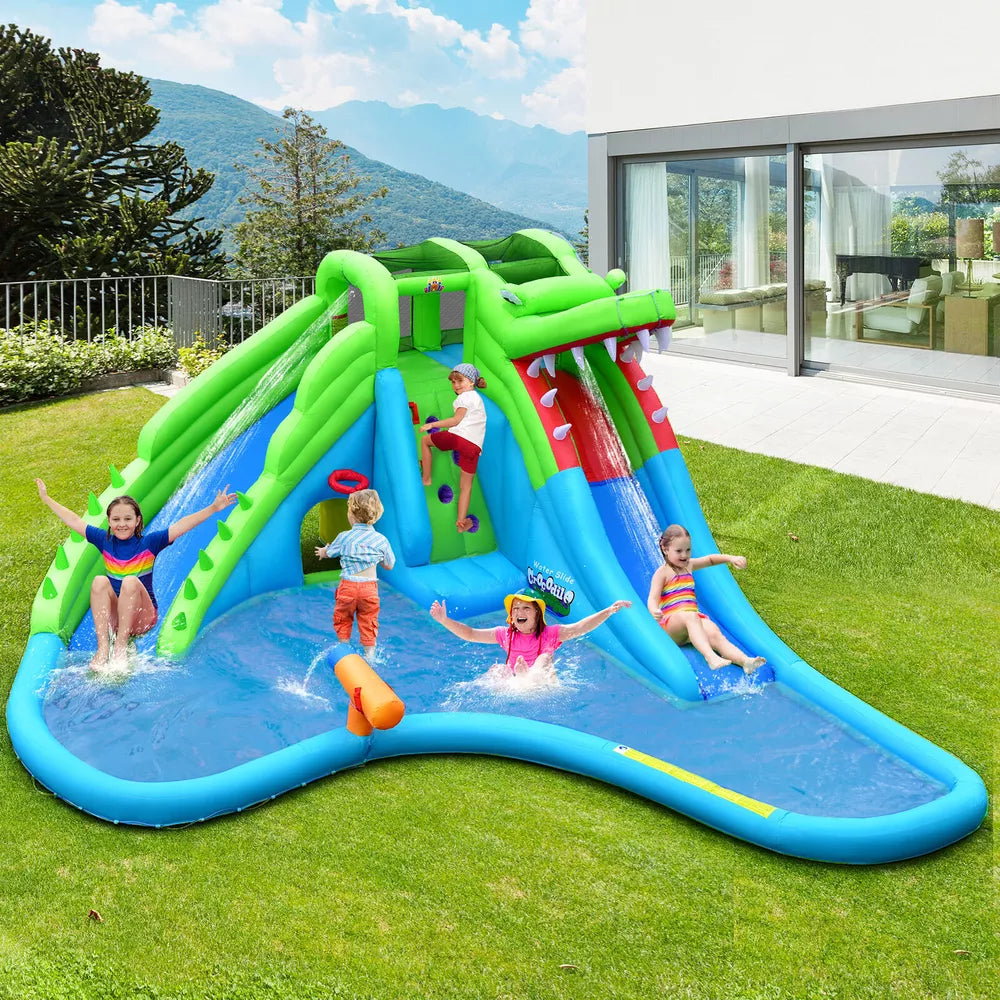 Crocodile Inflatable Water Park Dual Slides Climbing Wall with 780W Blower