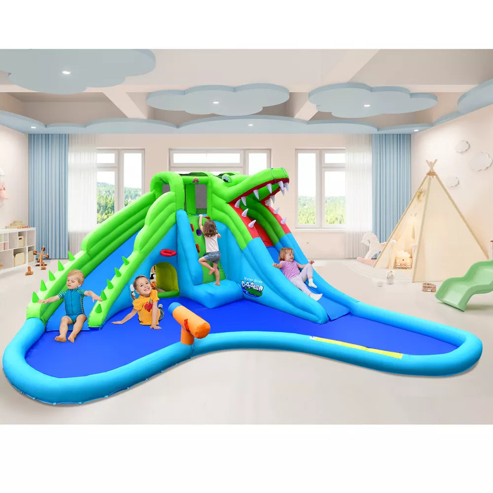 Crocodile Inflatable Water Park Dual Slides Climbing Wall with 780W Blower