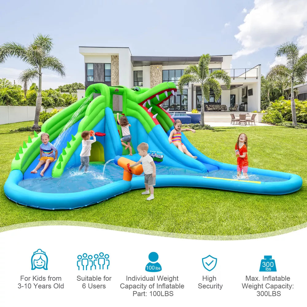 Crocodile Inflatable Water Park Dual Slides Climbing Wall with 780W Blower