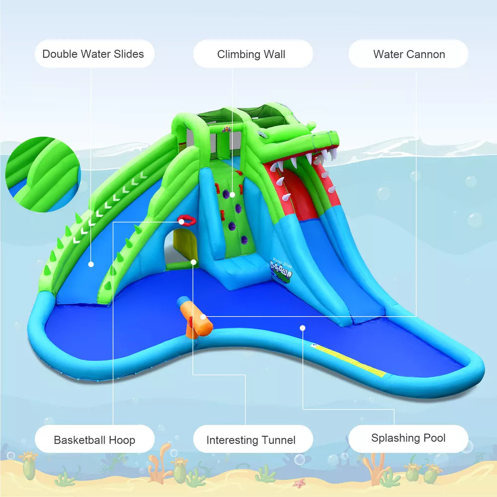 Crocodile Inflatable Water Park Dual Slides Climbing Wall with 780W Blower