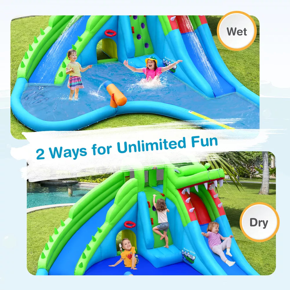 Crocodile Inflatable Water Park Dual Slides Climbing Wall with 780W Blower