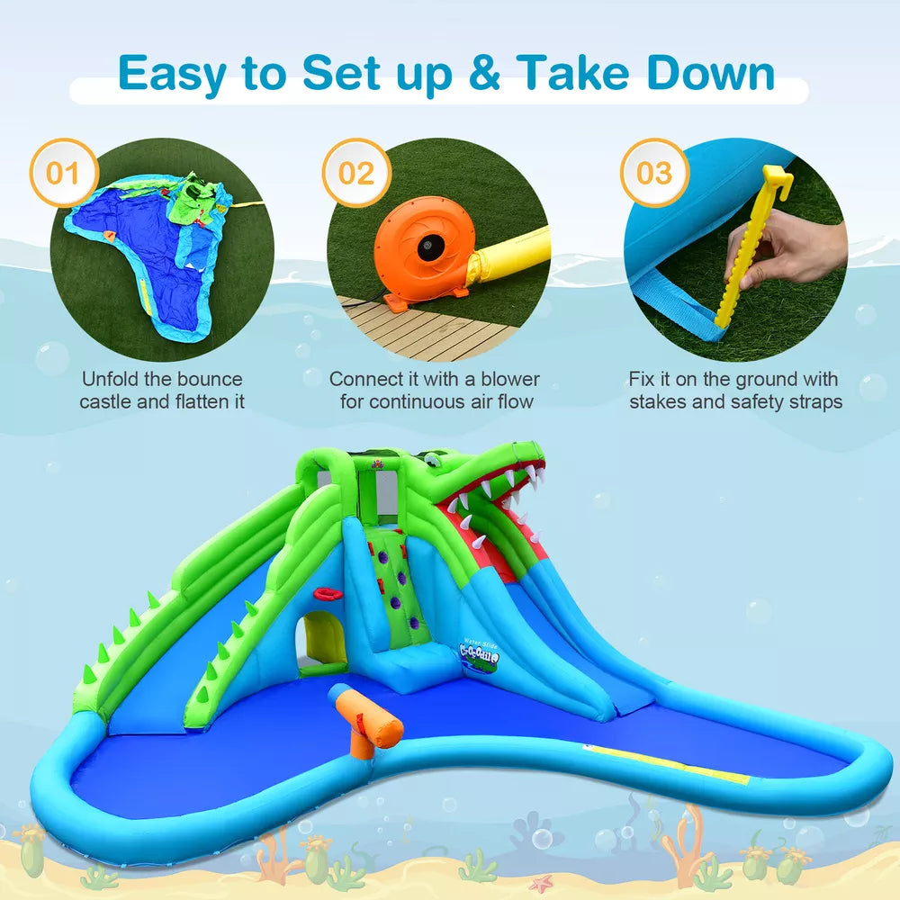 Crocodile Inflatable Water Park Dual Slides Climbing Wall with 780W Blower