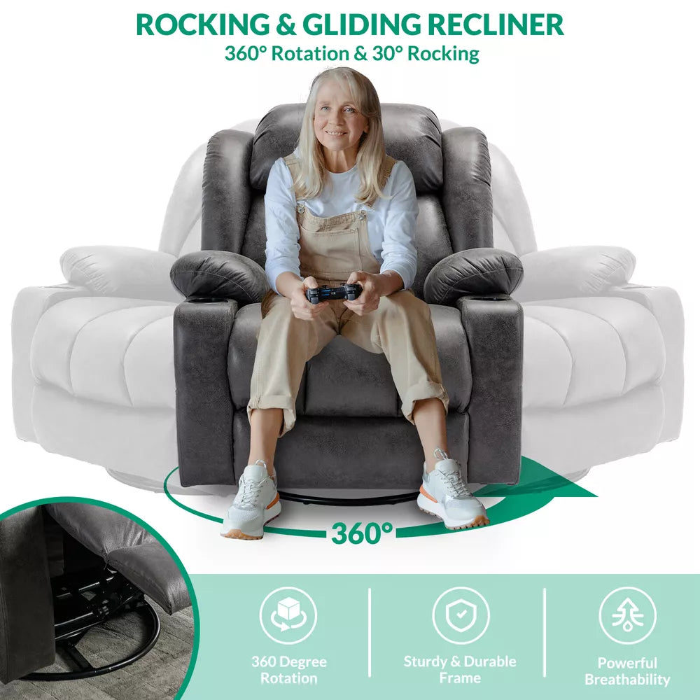 Manual 360 Degree Swivel Glider Rocker Recliner Chair with Massage and Heat