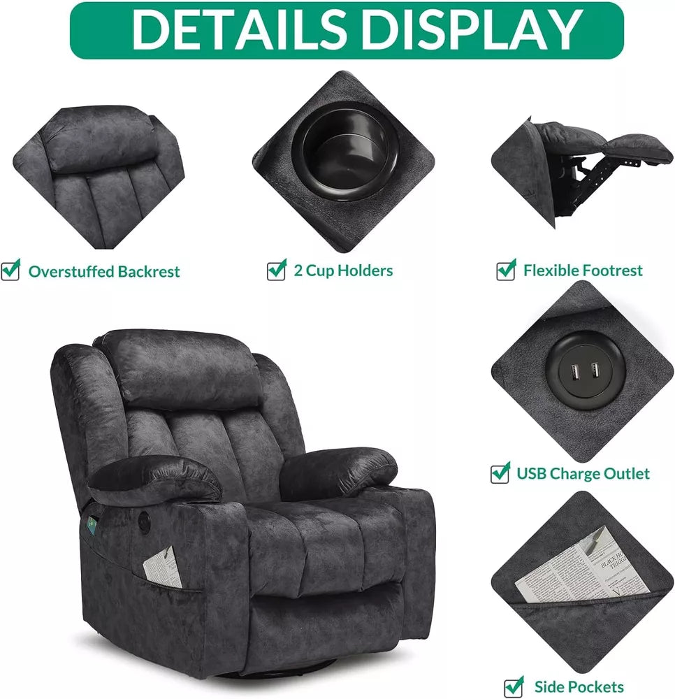 Manual 360 Degree Swivel Glider Rocker Recliner Chair with Massage and Heat