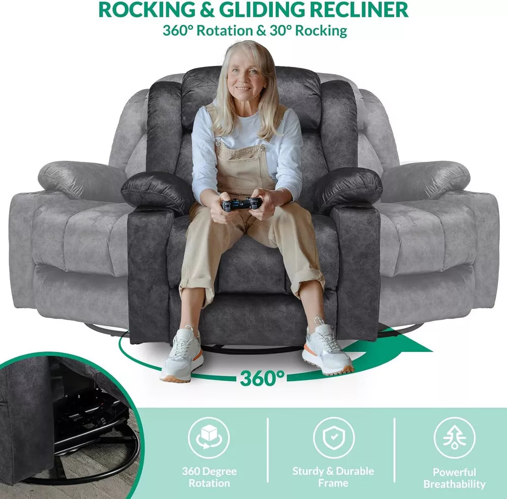 Manual 360 Degree Swivel Glider Rocker Recliner Chair with Massage and Heat