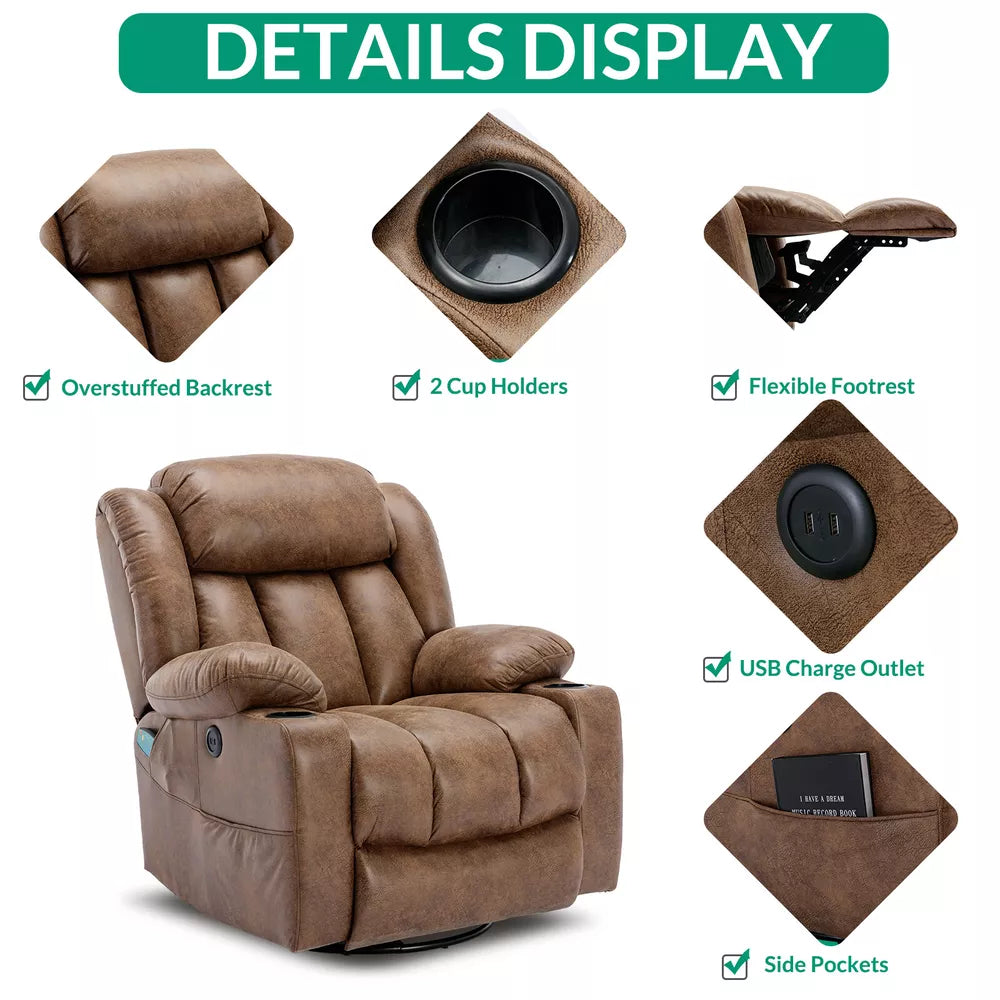 Manual 360 Degree Swivel Glider Rocker Recliner Chair with Massage and Heat