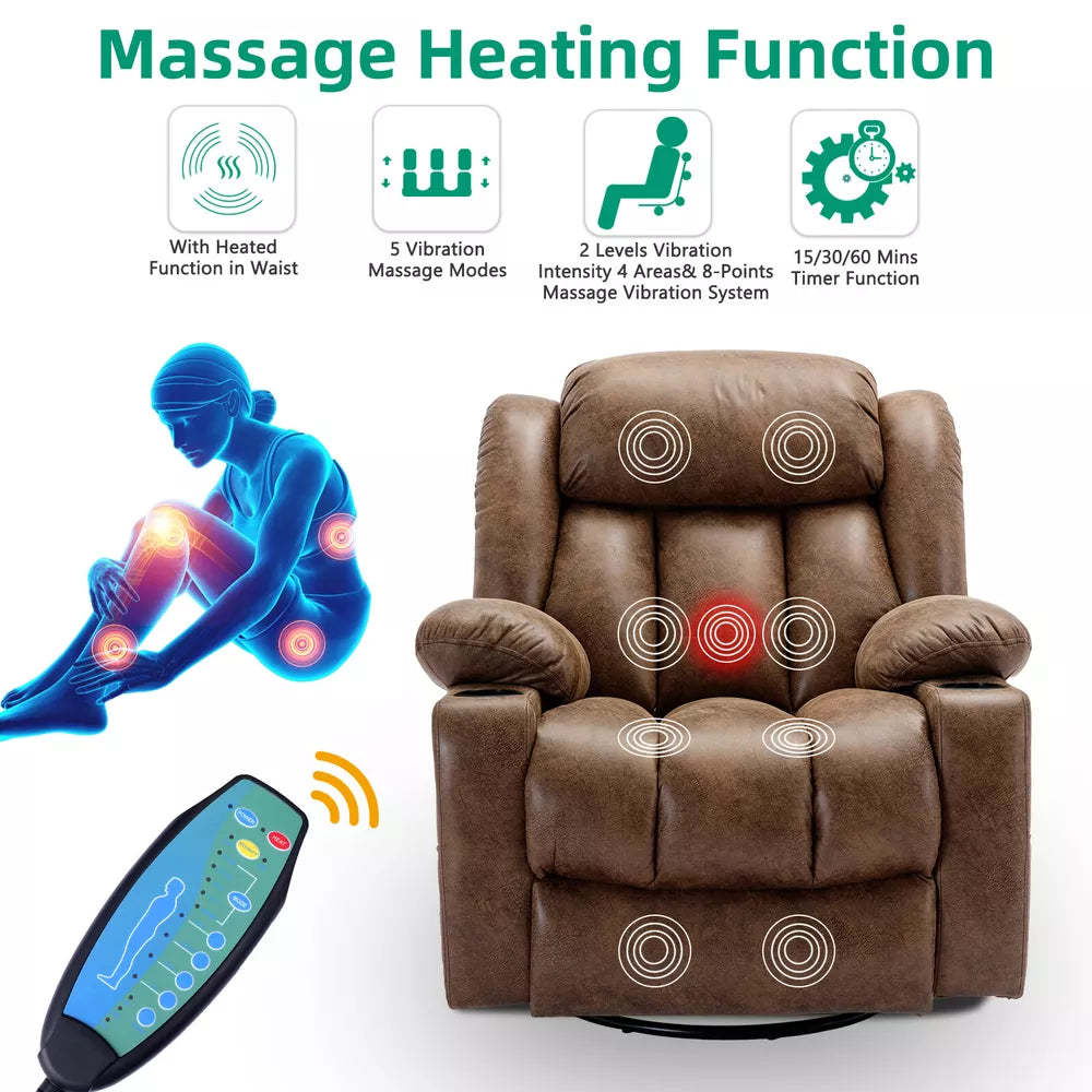 Manual 360 Degree Swivel Glider Rocker Recliner Chair with Massage and Heat