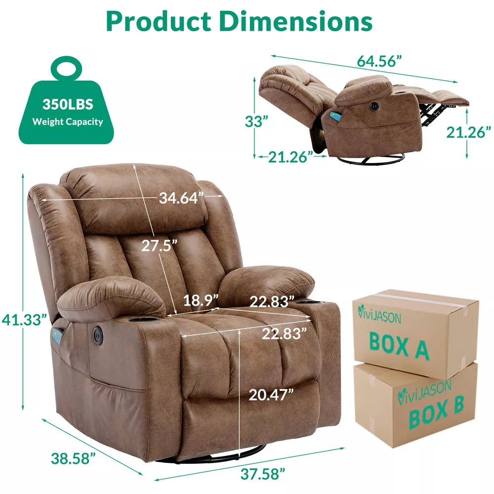 Manual 360 Degree Swivel Glider Rocker Recliner Chair with Massage and Heat