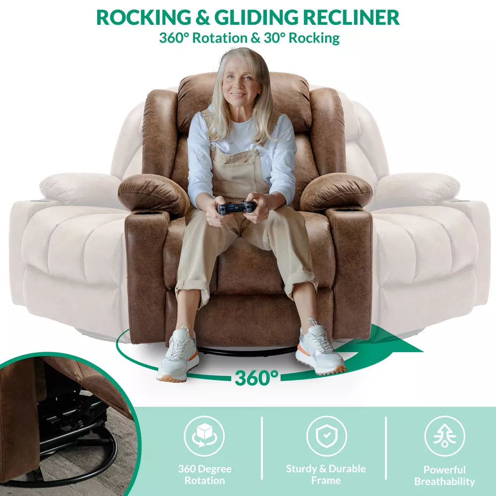 Manual 360 Degree Swivel Glider Rocker Recliner Chair with Massage and Heat