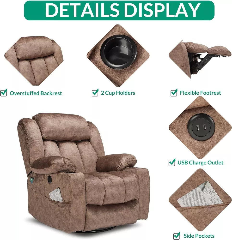 Manual 360 Degree Swivel Glider Rocker Recliner Chair with Massage and Heat