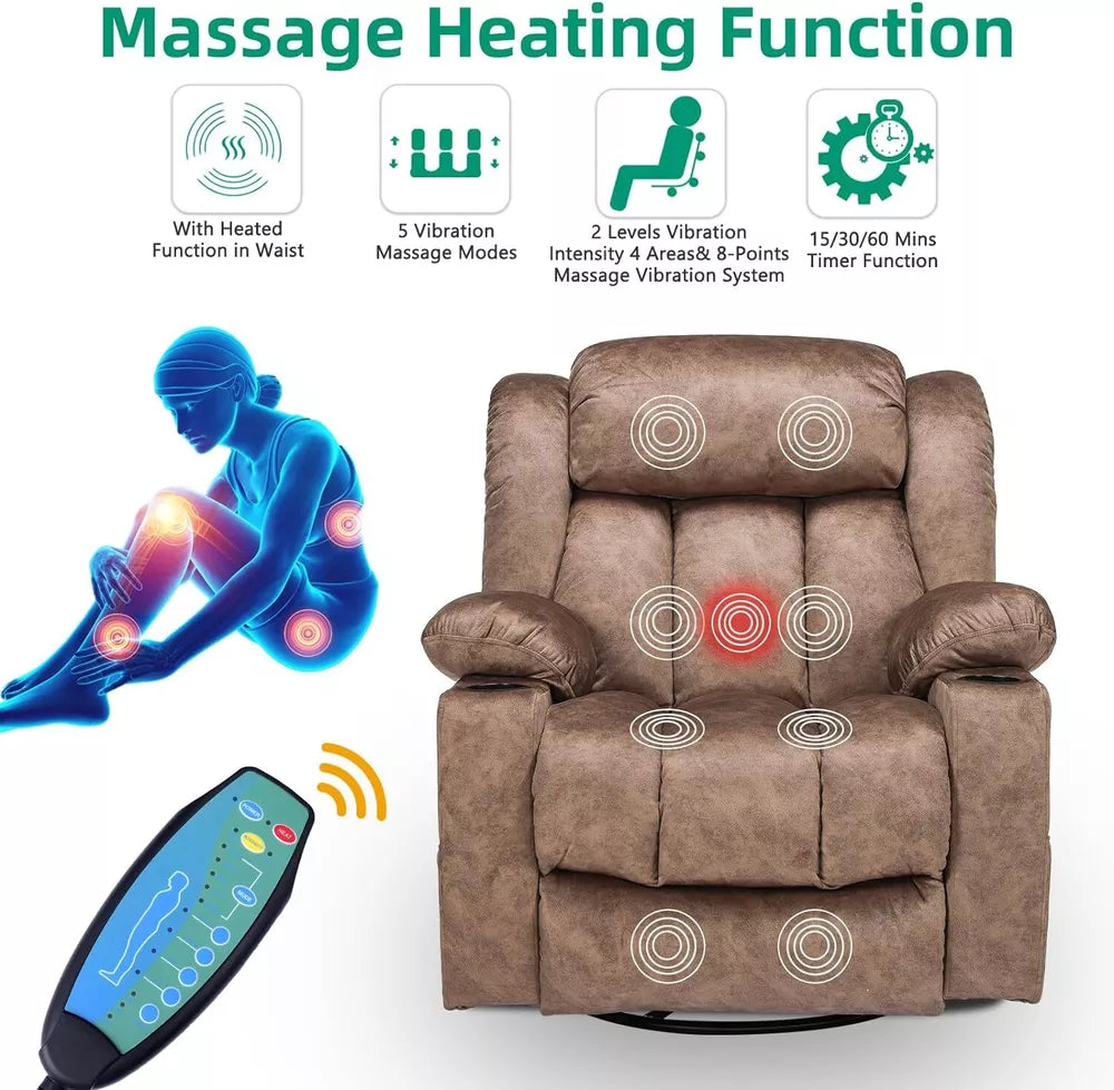 Manual 360 Degree Swivel Glider Rocker Recliner Chair with Massage and Heat