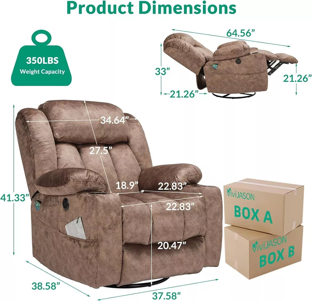 Manual 360 Degree Swivel Glider Rocker Recliner Chair with Massage and Heat