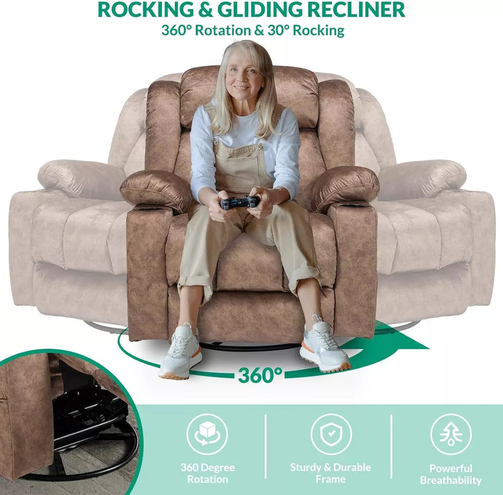 Manual 360 Degree Swivel Glider Rocker Recliner Chair with Massage and Heat