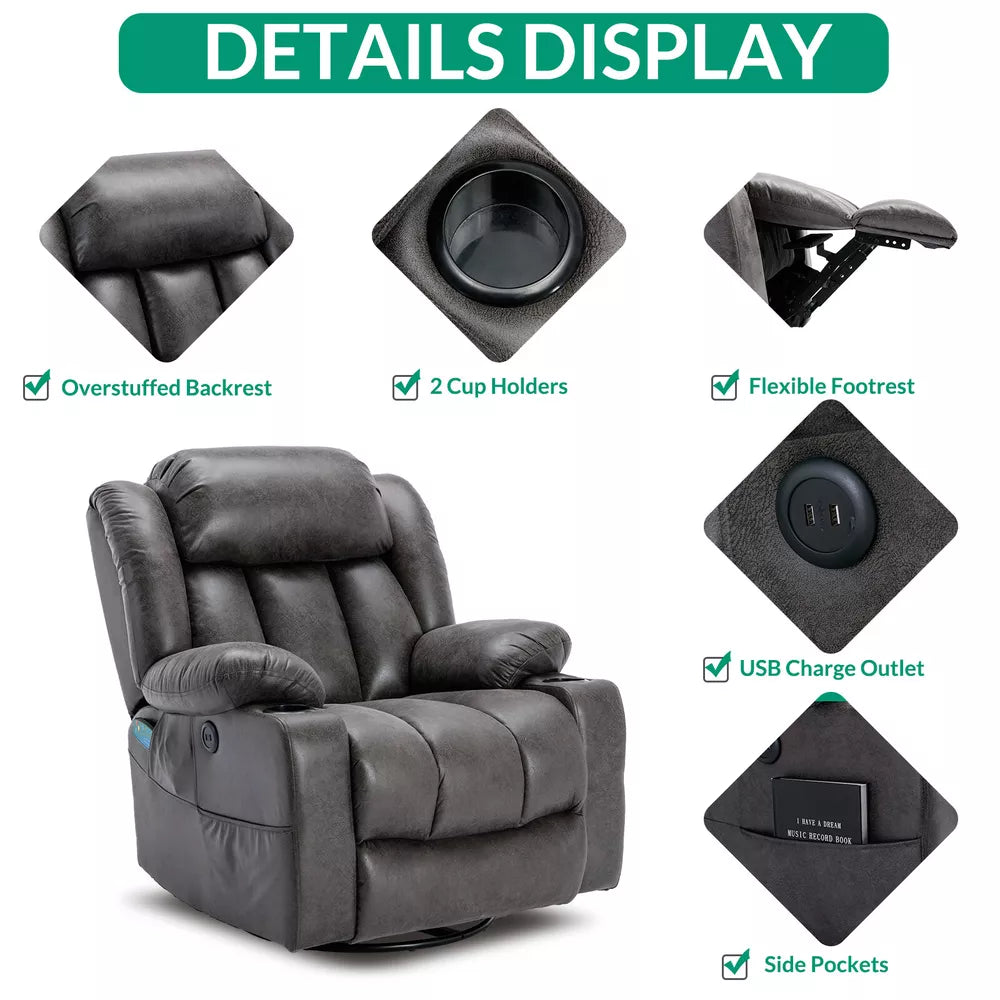 Manual 360 Degree Swivel Glider Rocker Recliner Chair with Massage and Heat