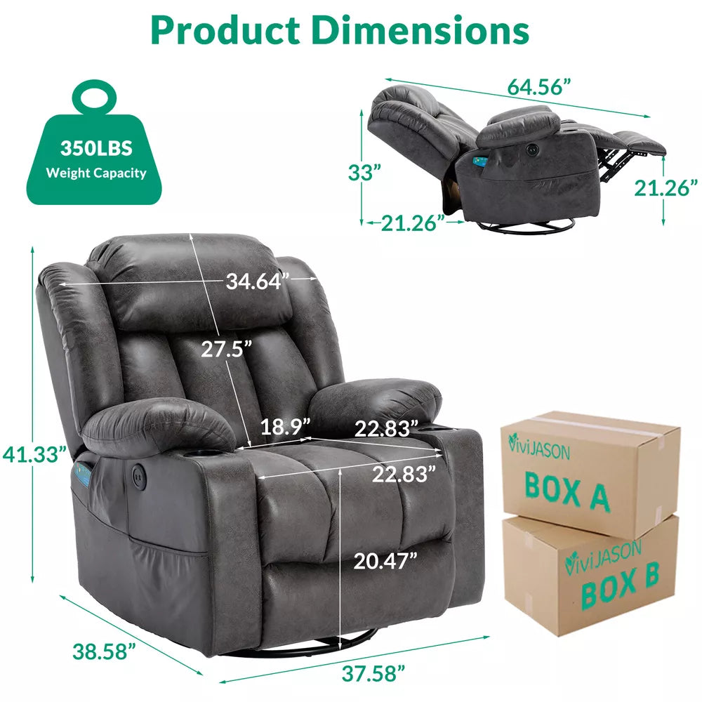 Manual 360 Degree Swivel Glider Rocker Recliner Chair with Massage and Heat