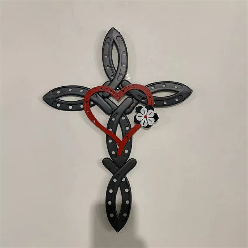 Natural Horsehsoe Cross With Heart Metal Wall Art Horseshoe Cross Outdoor Patio