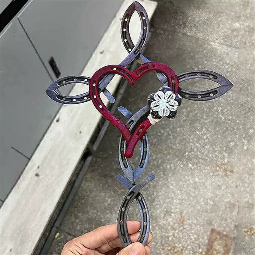 Natural Horsehsoe Cross With Heart Metal Wall Art Horseshoe Cross Outdoor Patio