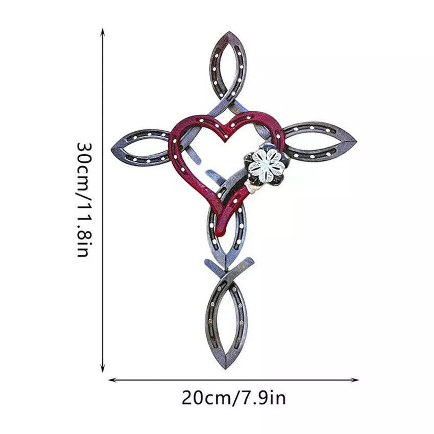 Natural Horsehsoe Cross With Heart Metal Wall Art Horseshoe Cross Outdoor Patio