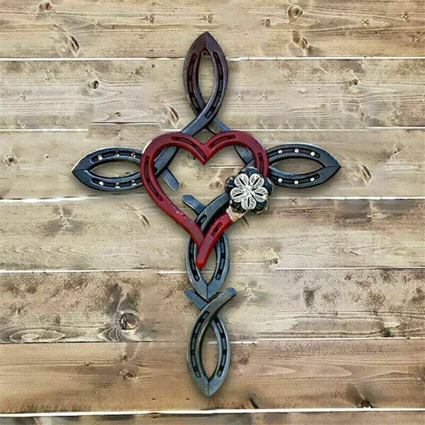 Natural Horsehsoe Cross With Heart Metal Wall Art Horseshoe Cross Outdoor Patio