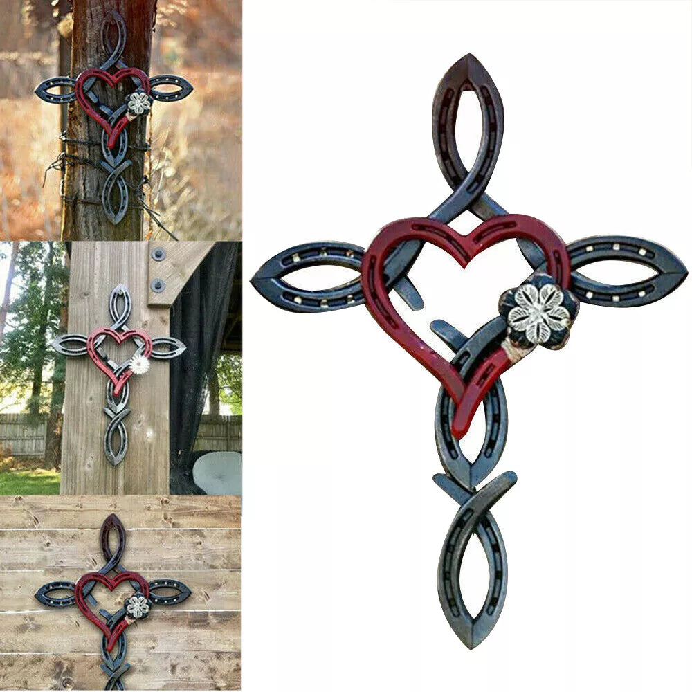 Natural Horsehsoe Cross With Heart Metal Wall Art Horseshoe Cross Outdoor Patio