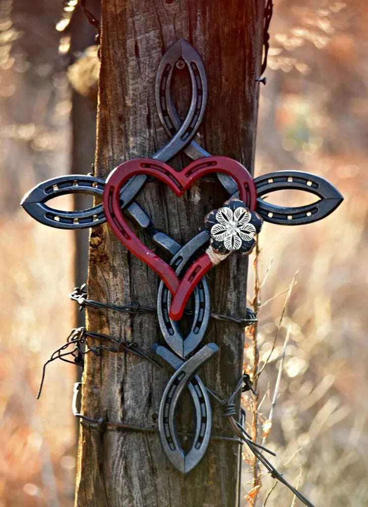 Natural Horsehsoe Cross With Heart Metal Wall Art Horseshoe Cross Outdoor Patio